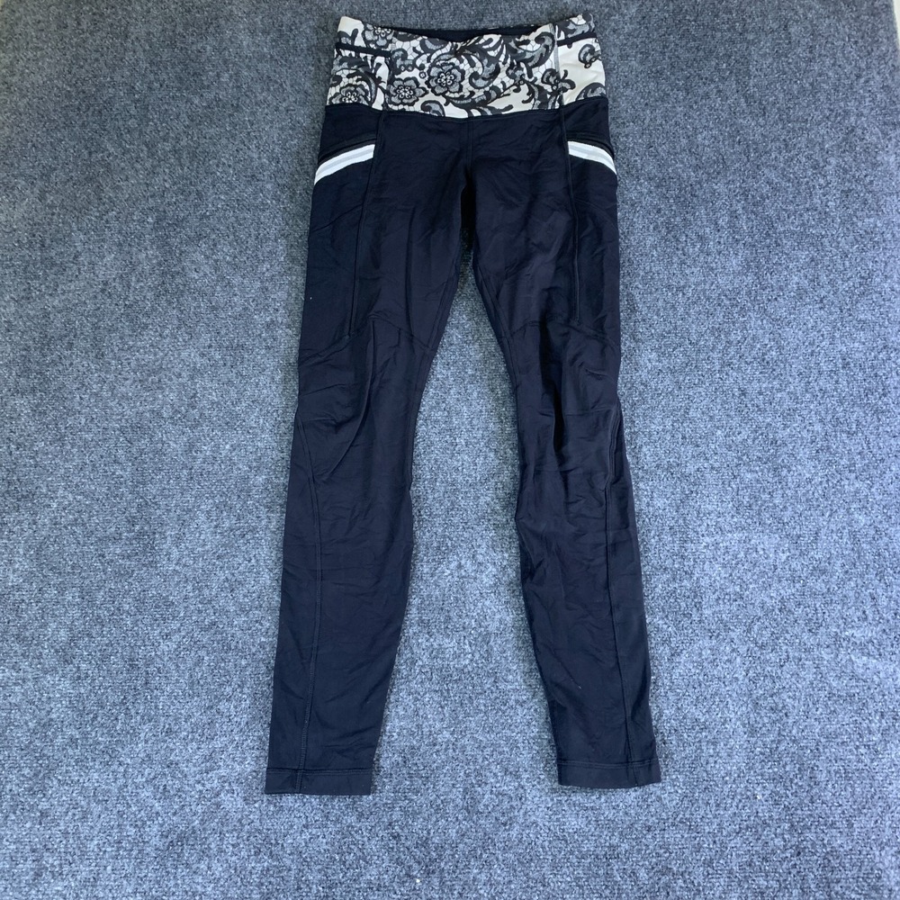 Lululemon Ankle Legging Women 26x27 Black Floral Zipper Pockets Yoga Performance
